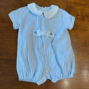 Vintage Funtasia, too! Blue and White Striped Baby Romper dog no size tag 12 mo